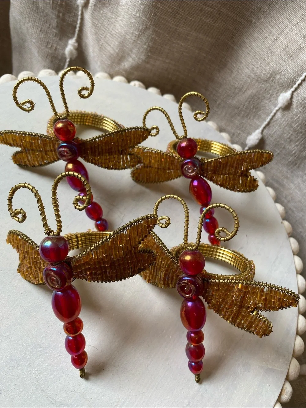 Handmade Pier 1 Beaded Dragonfly Napkin Rings - Gold & Fuchsia